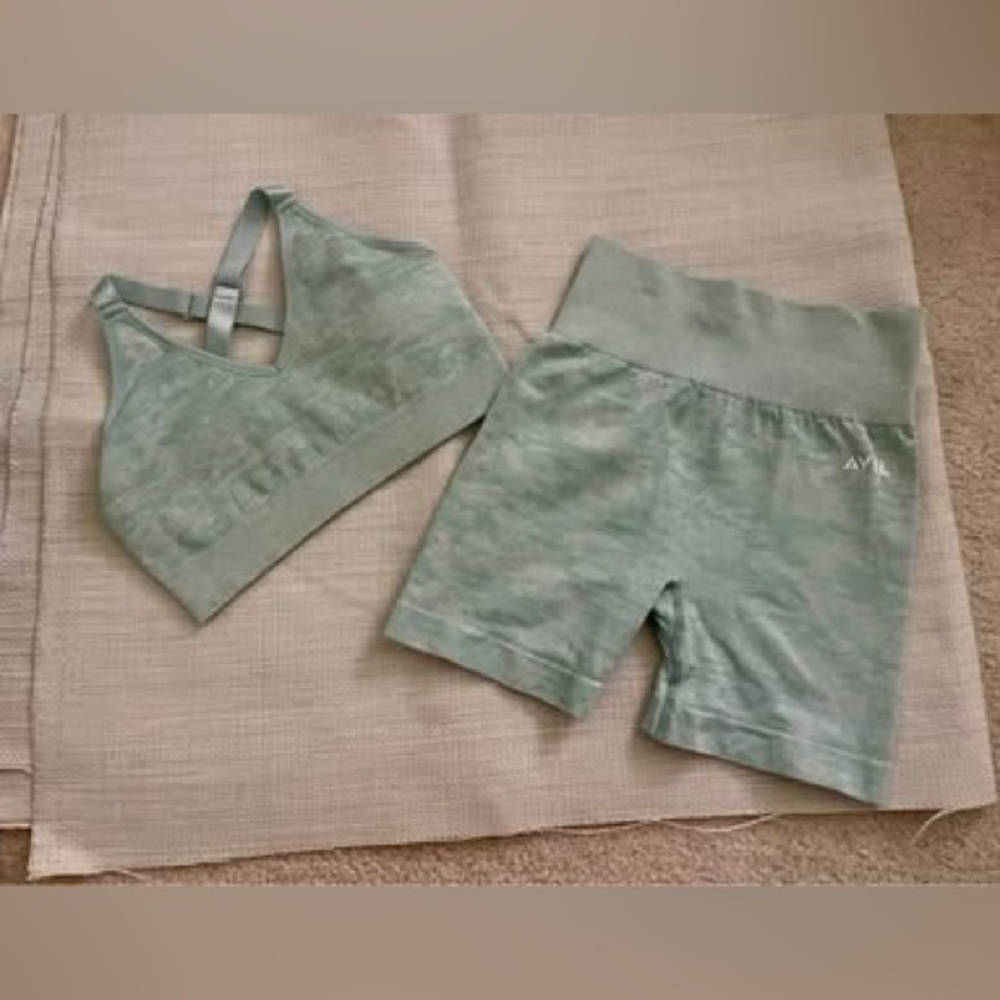 AYBL Sage Green Seamless Ribbed Sports Bra & High-Waist Bike Shorts